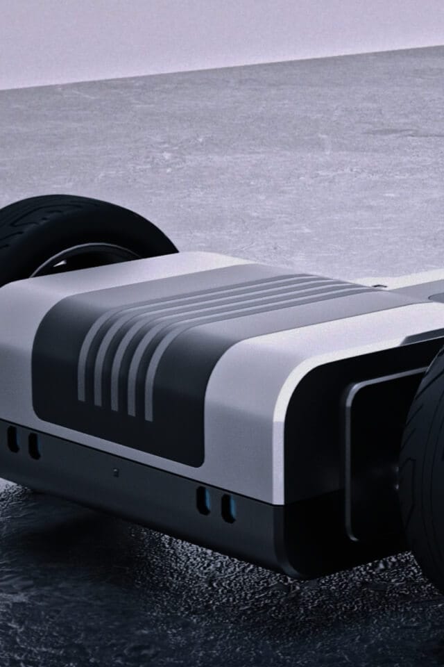 Kia PV5 Elektroplattform mit Fahrgestell und Rädern.