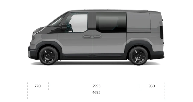 Seitenansicht des Kia PV5 Crew Van mit Außenabmessungen
